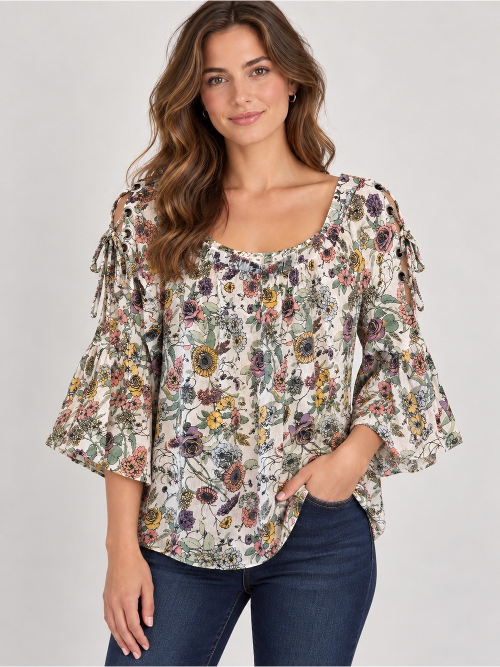 Floral Off-Shoulder Peasant Top - White Multi